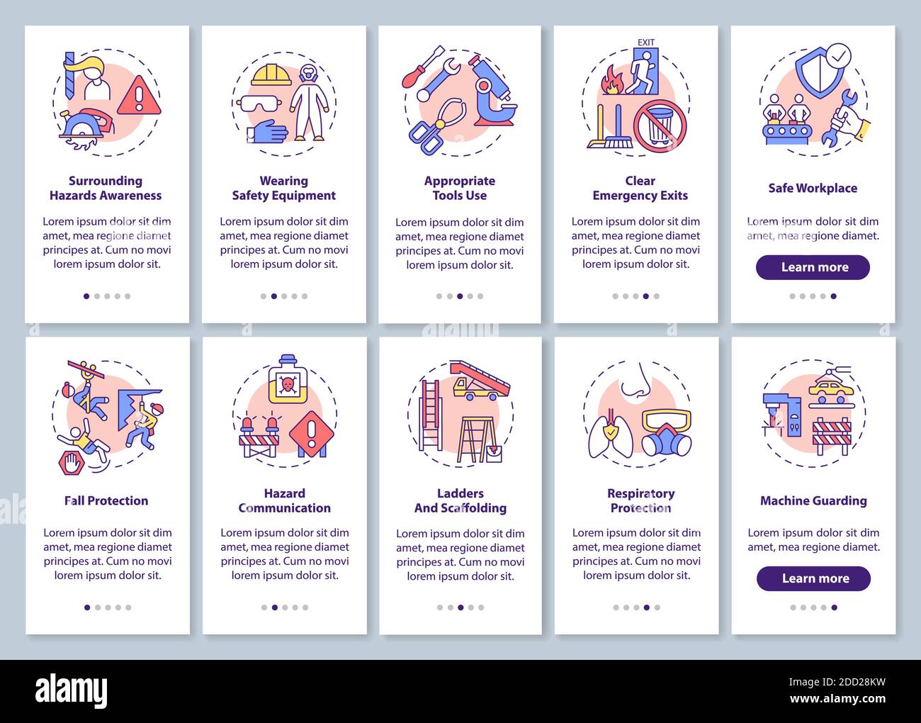 Workplace safety onboarding mobile app page screen with concepts set ...