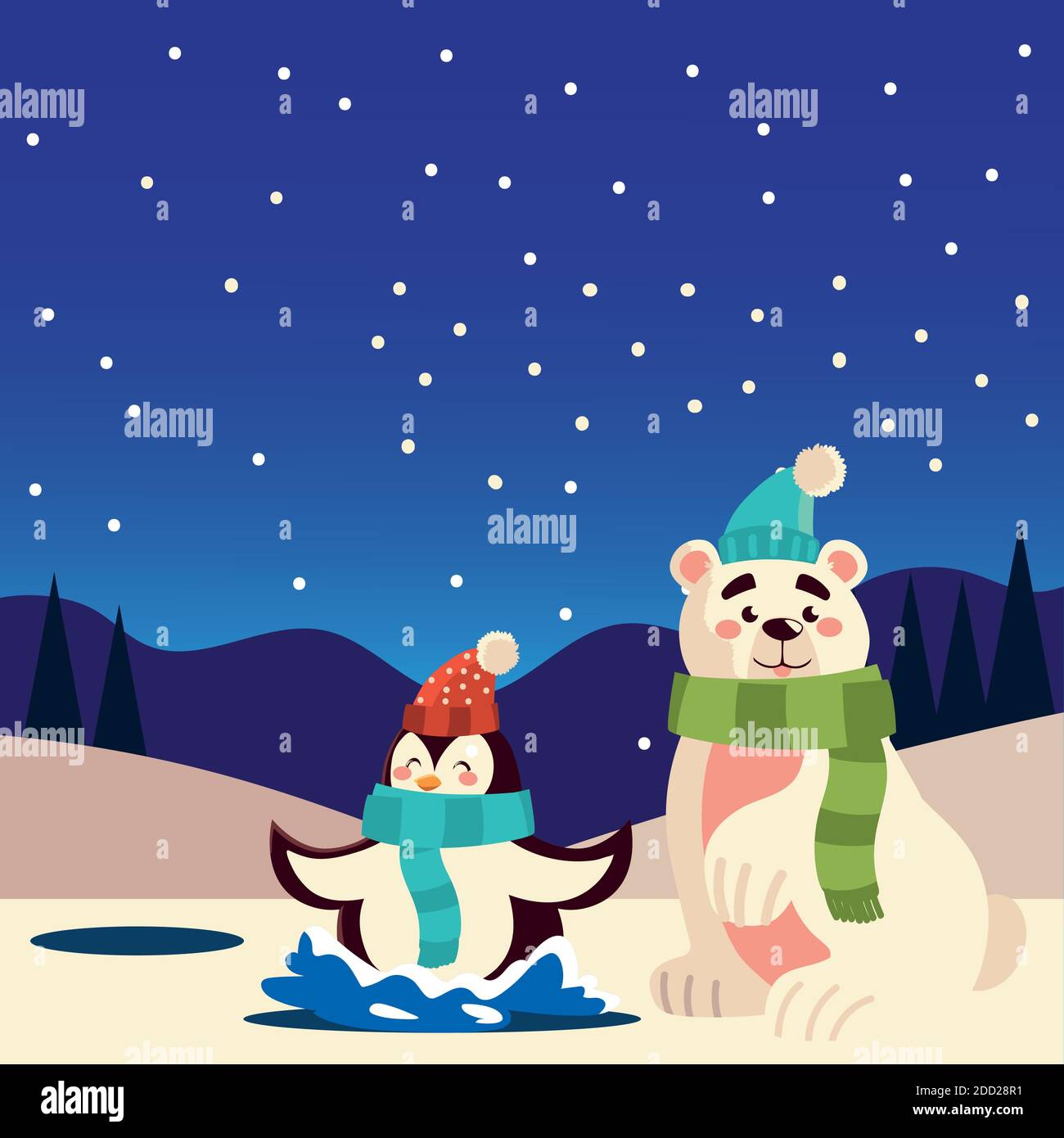 merry christmas cute penguin and polar bear in the lake celebration ...