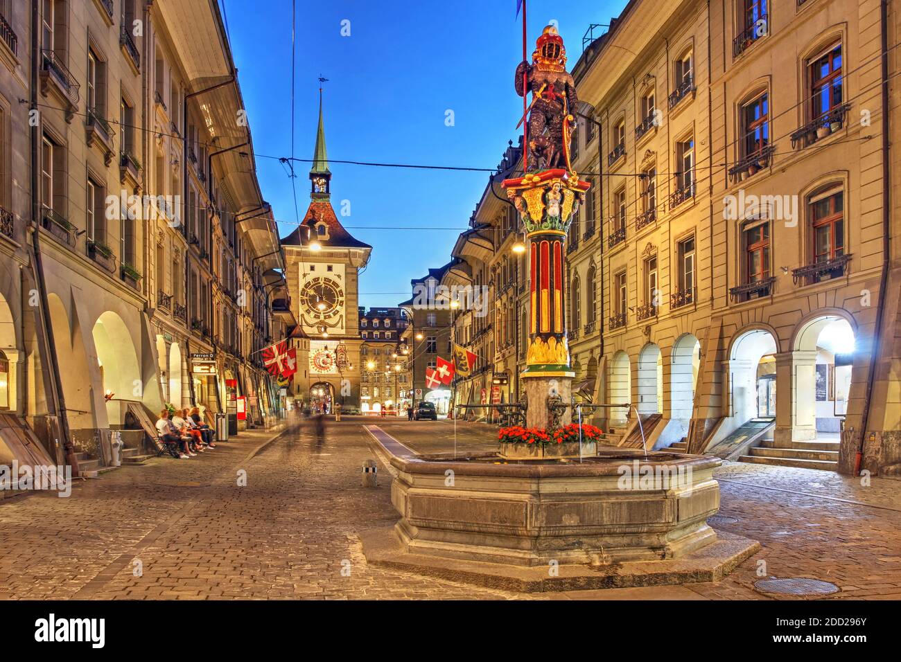 Night scene along Kramgasse in the old town of Bern (Berne, Berna), Switzerland featuring the Zytglogge Clock Tower. Stock Photo