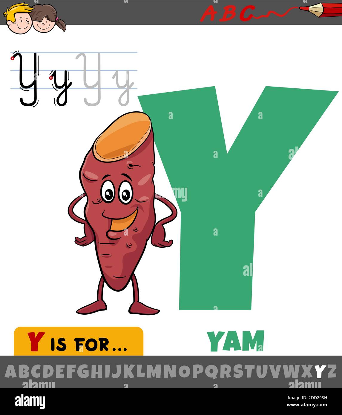 Educational cartoon illustration of letter Y from alphabet with yam vegetable for Children Stock