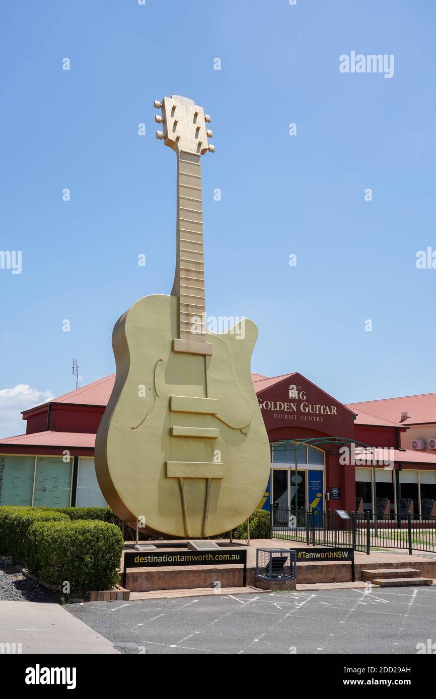The Big Golden Guitar landmark and tourist attraction in Australia's home of country music, Tamworth, New South Wales. Stock Photo