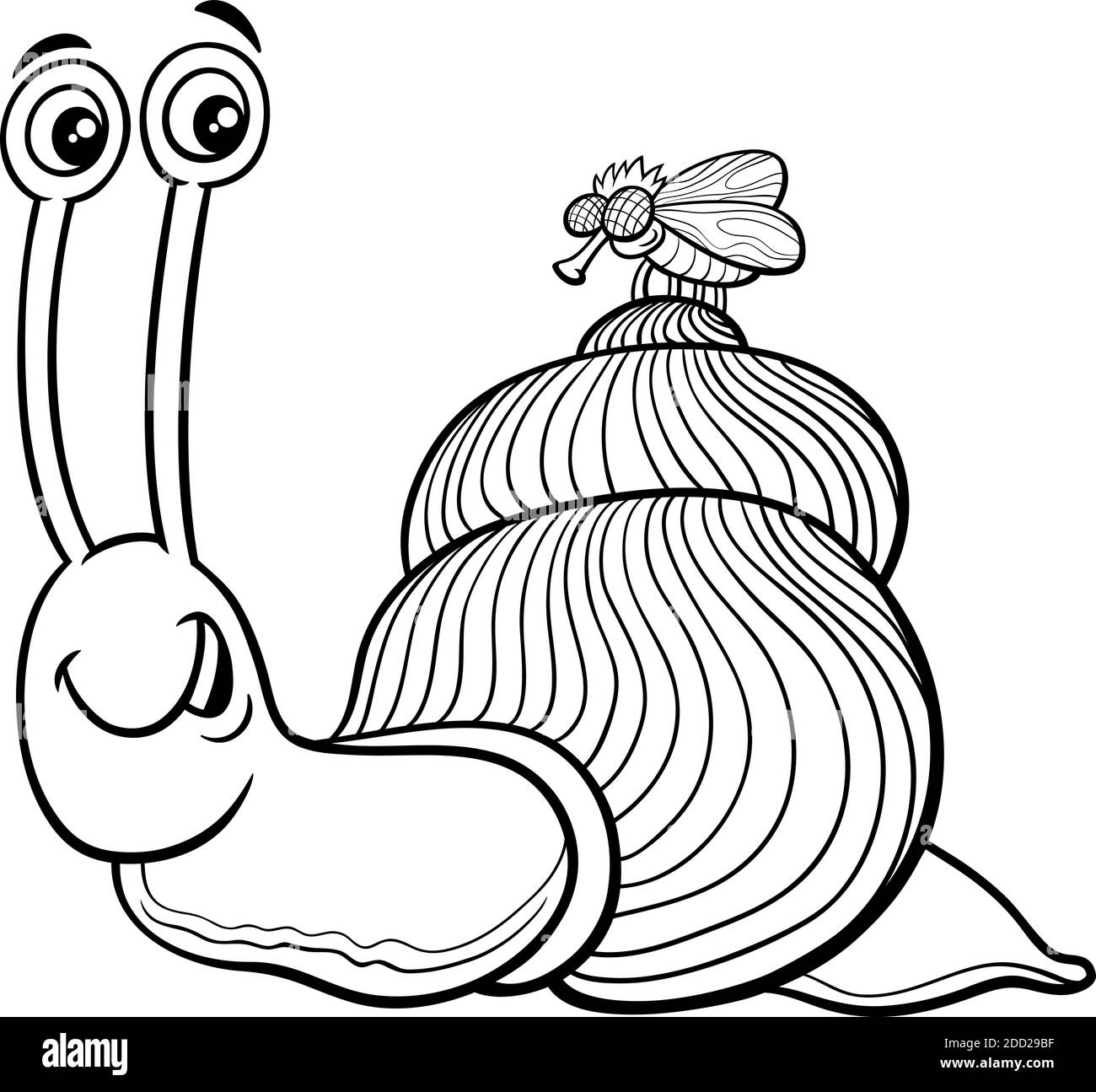 Black and white cartoon illustration of snail and fly insect animal characters coloring book page Stock Vector