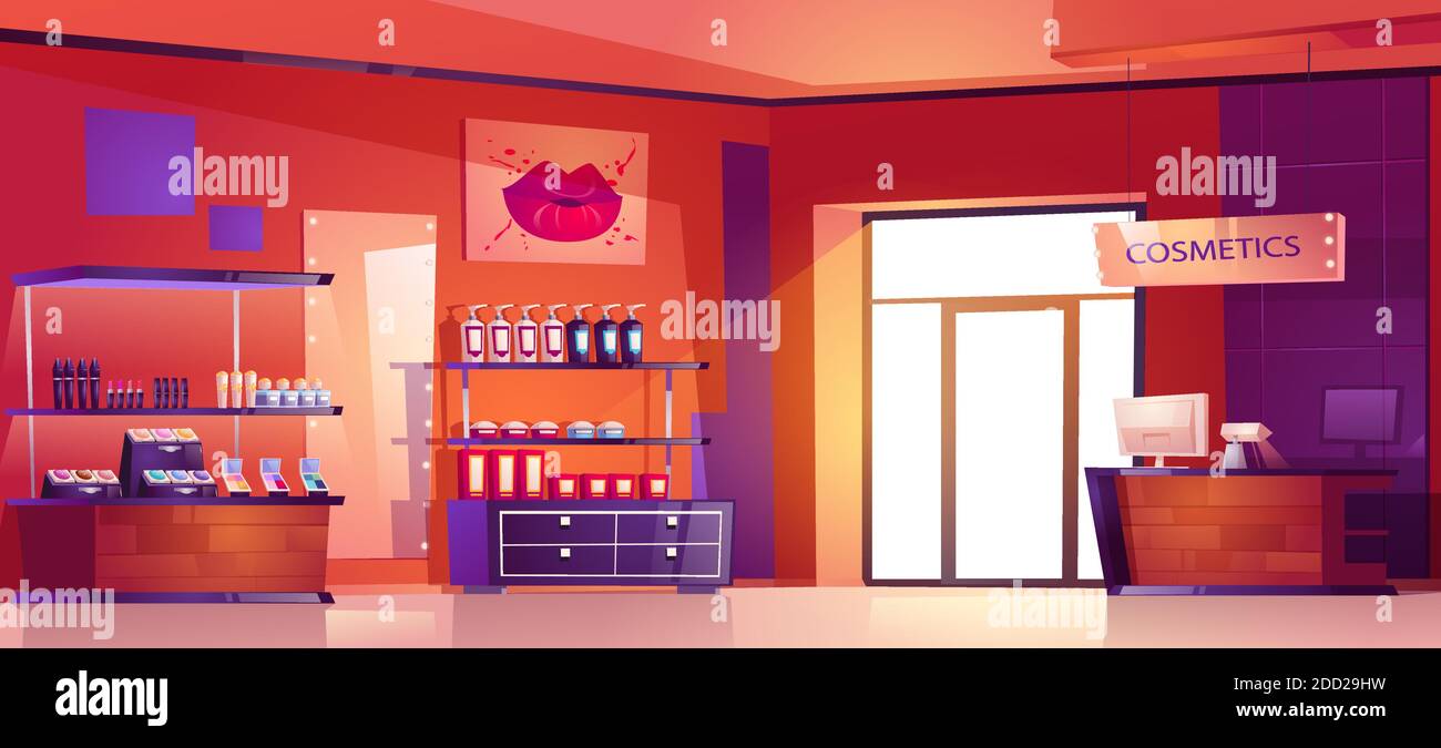 Cosmetics shop with products for makeup, skincare and perfume on shelves. Vector cartoon interior of beauty store with cashbox on counter, showcases with lotion bottles, skin care goods and lipsticks Stock Vector