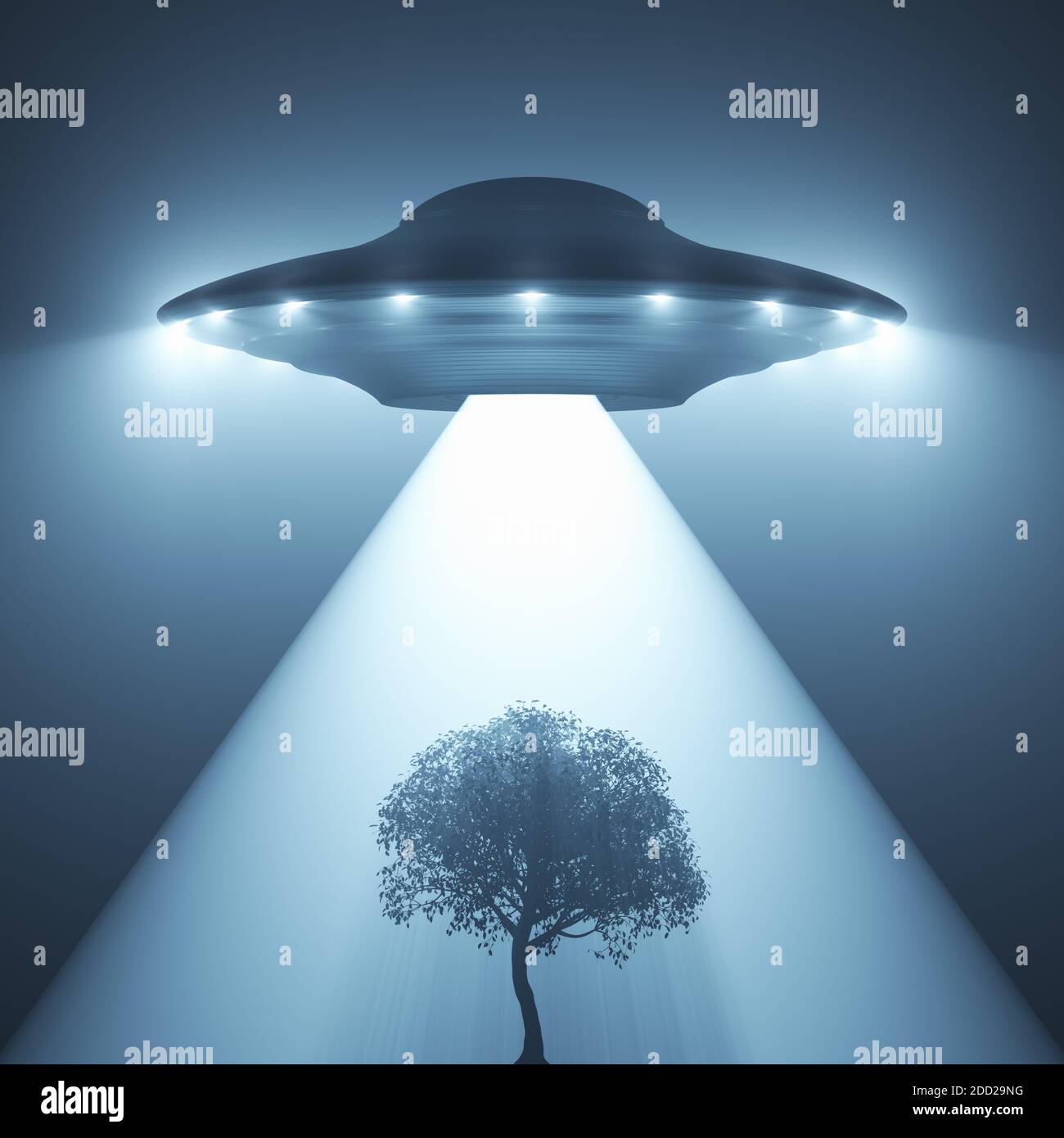 Unidentified flying object - UFO, flying over trees at night. Stock Photo