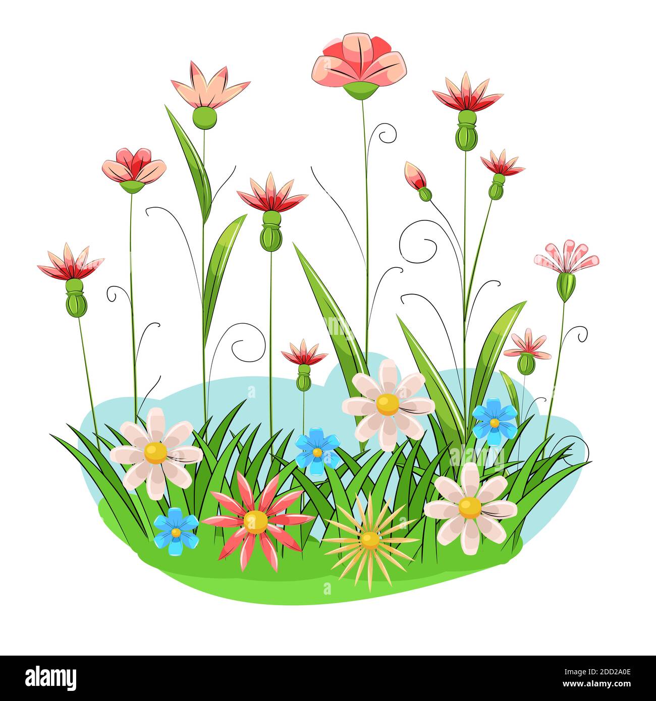 Blooming meadow with grass and flowers. Cartoon just style ...