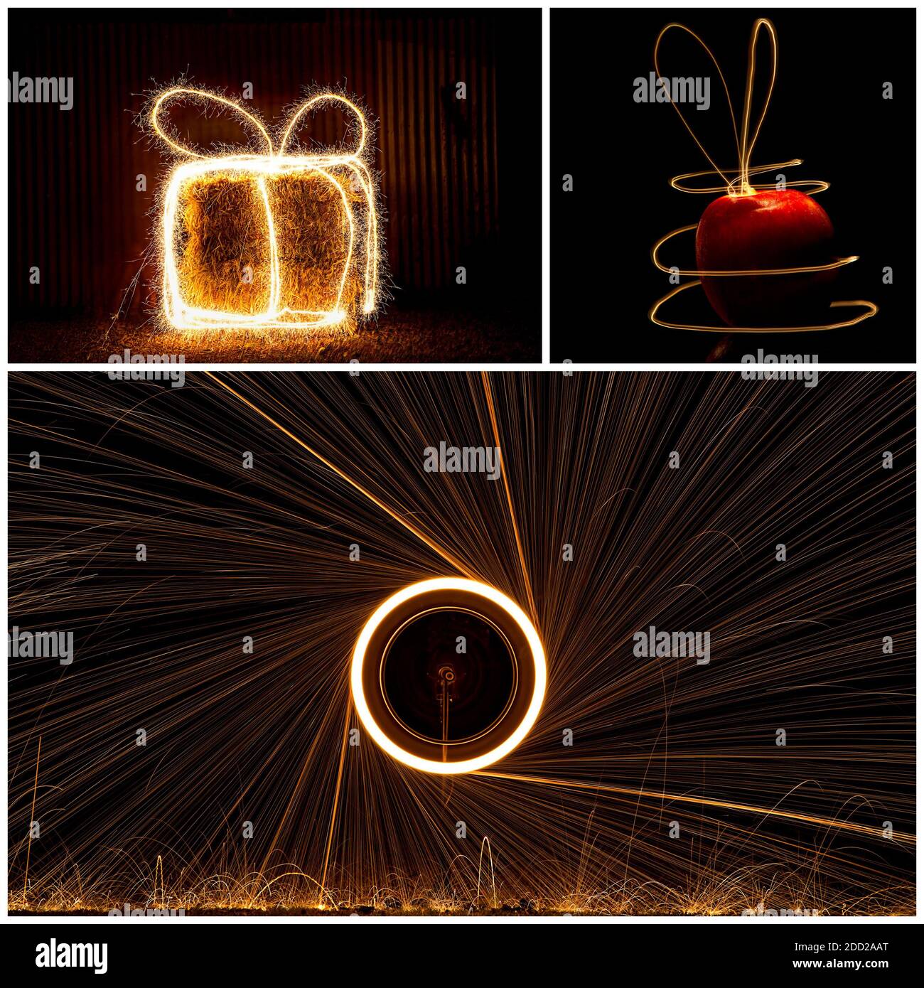 Collage of three images of light painting, including a bale of hay, and apple, and a bicycle wheel with flying sparks - wheel of fire Stock Photo