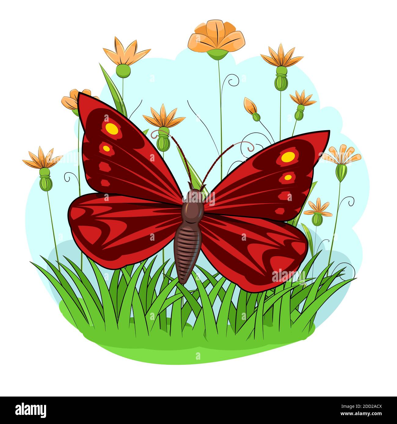 Red butterfly on the background of a blooming summer meadow. Grass, flowers. Landscape in a cartoon style. Bright beautiful round composition Stock Vector Image & Art - Alamy Red butterfly on the background of a blooming summer meadow. Grass, flowers. Landscape in a cartoon style. Bright beautiful round composition Stock Vector Image & Art - Alamy