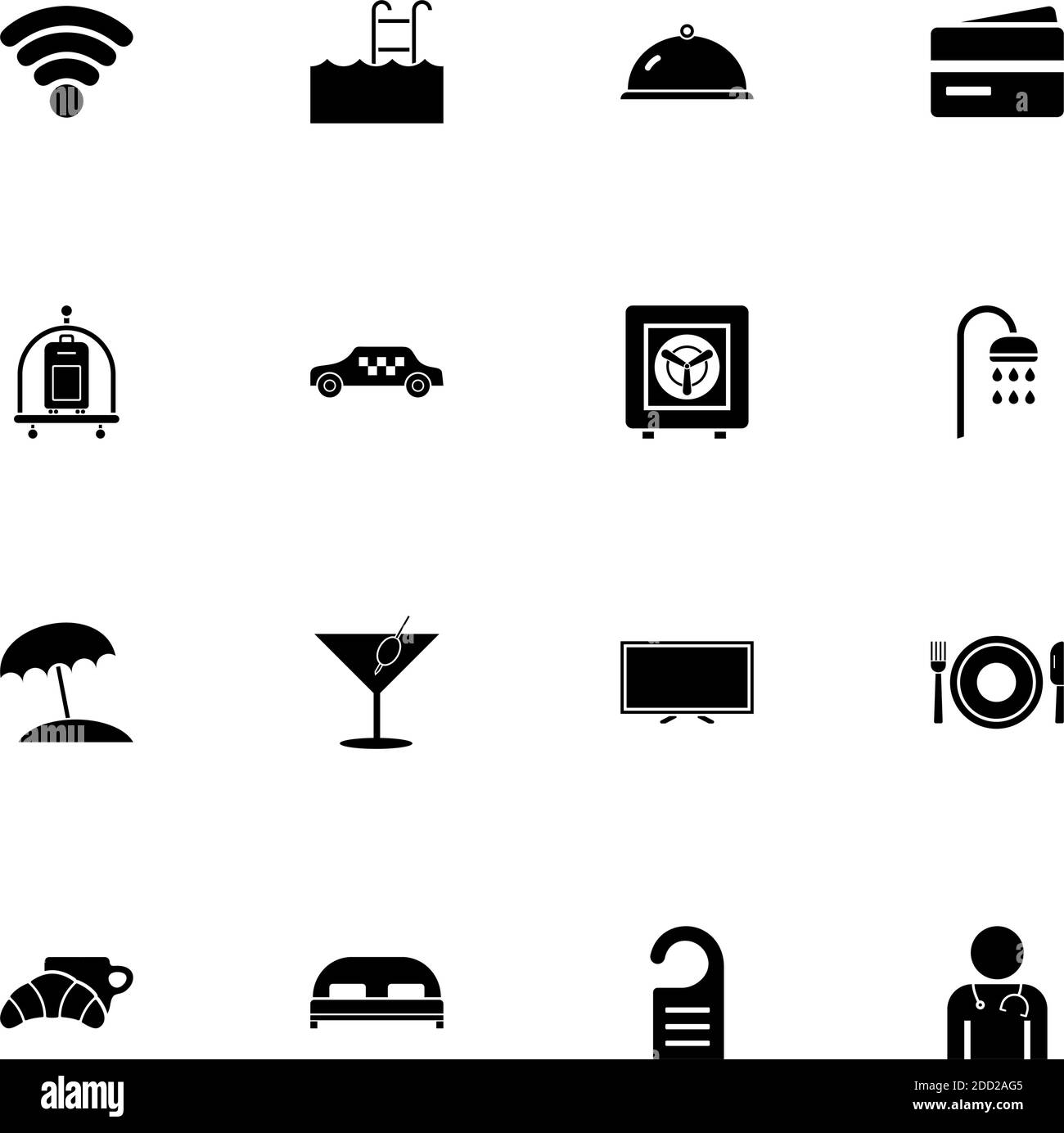 Hotel icon - Expand to any size - Change to any colour. Perfect Flat Vector Contains such Icons as taxi car, safe, shower, martini glass, doctor, cred Stock Vector