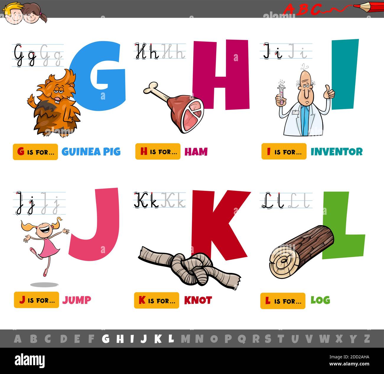 Cartoon illustration of capital letters from alphabet educational set for reading and writing practise for children from G to L Stock Vector