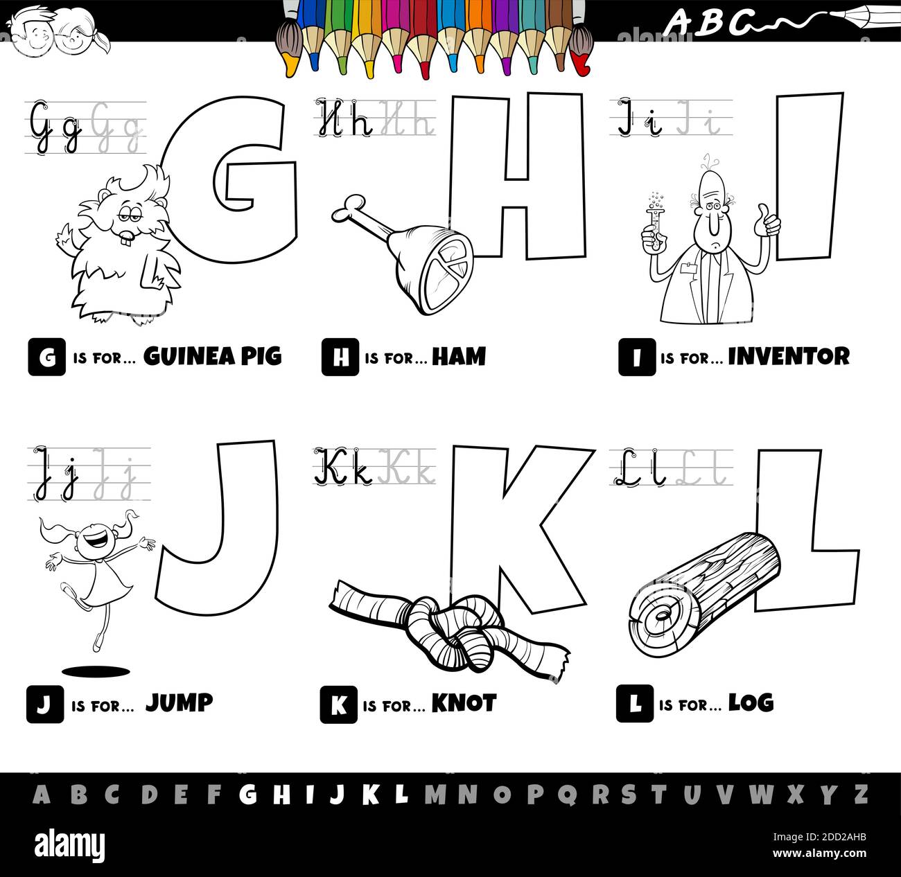 Black and white cartoon illustration of capital letters from alphabet educational set for reading and writing practise for children from G to L colori Stock Vector