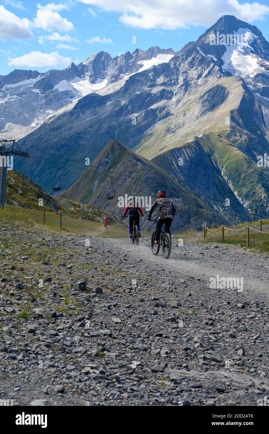 Extreem outdoor sport challenge in French Alps mountains in summer, riding  downhill on sport bike on special bicycle path, Les deux Alpes station  Stock Photo - Alamy