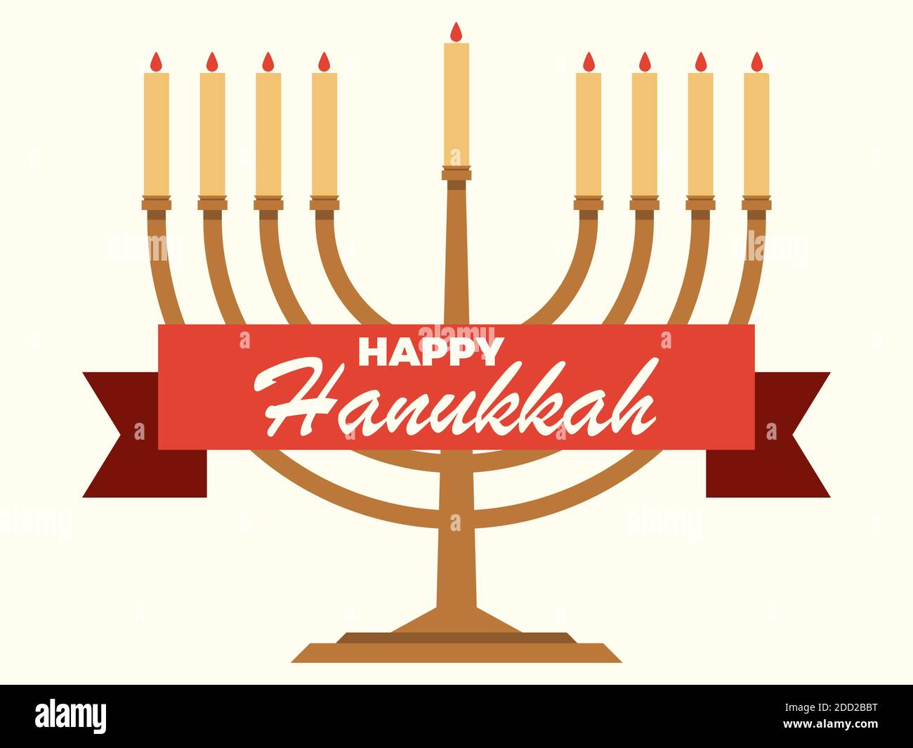 Happy Hanukkah. Menorah with nine candles and ribbon isolated on white