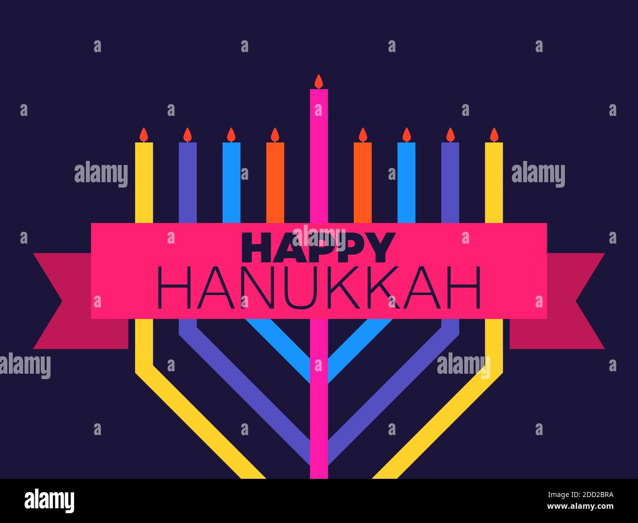 Happy Hanukkah. Multi colored menorah with nine candles and ribbon ...