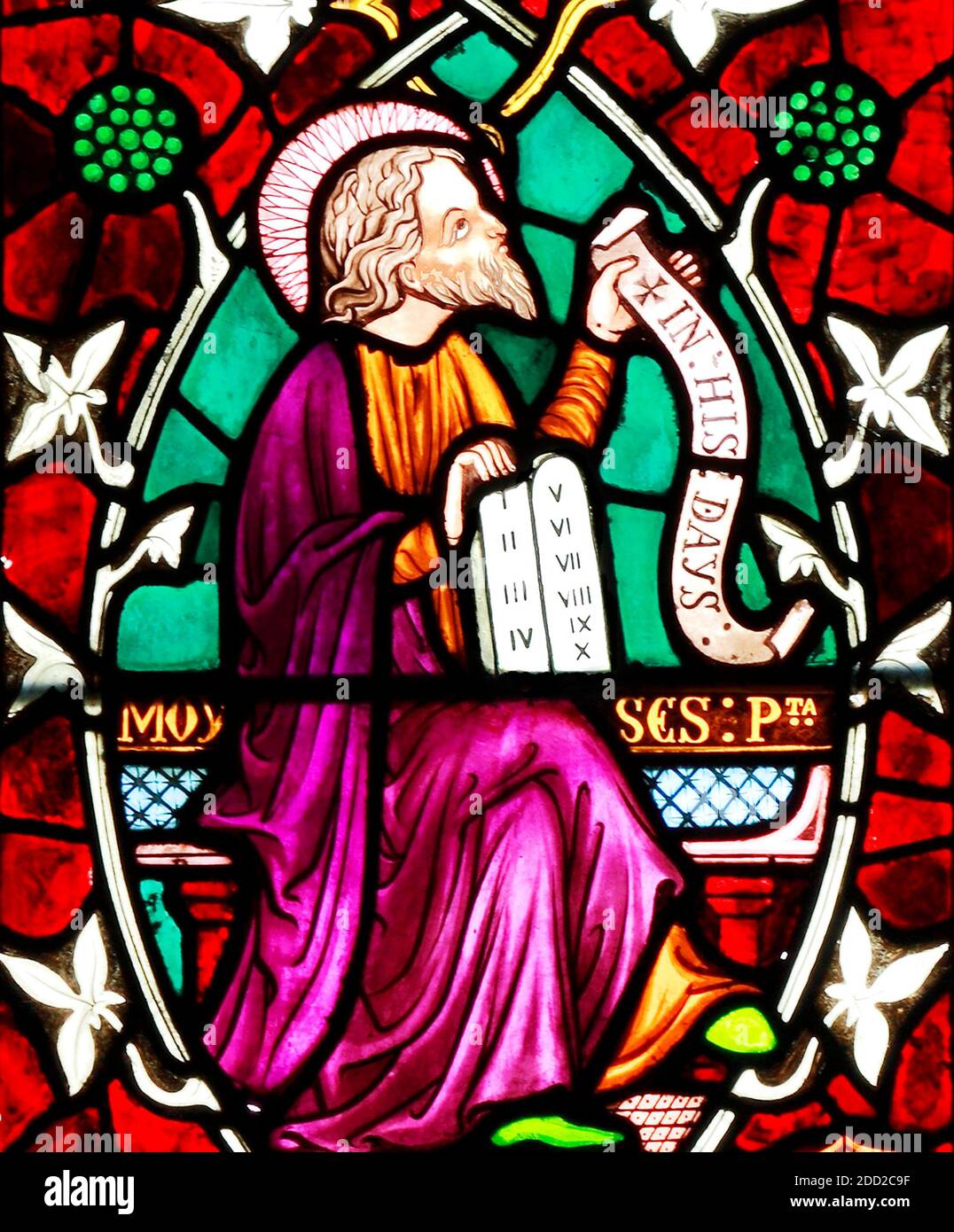 Moses, Old Hunstanton, stained glass, window, by Frederick Preedy, 1862, detail of Tree of Jesse, Bible characters, Norfolk Stock Photo