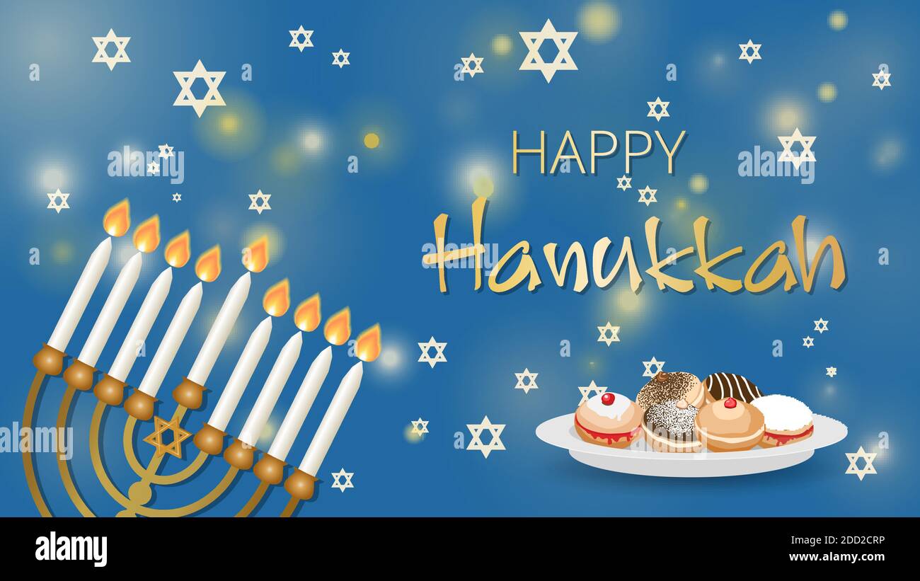 Hanukkah Shining Background with Menorah, David Star, deep fried