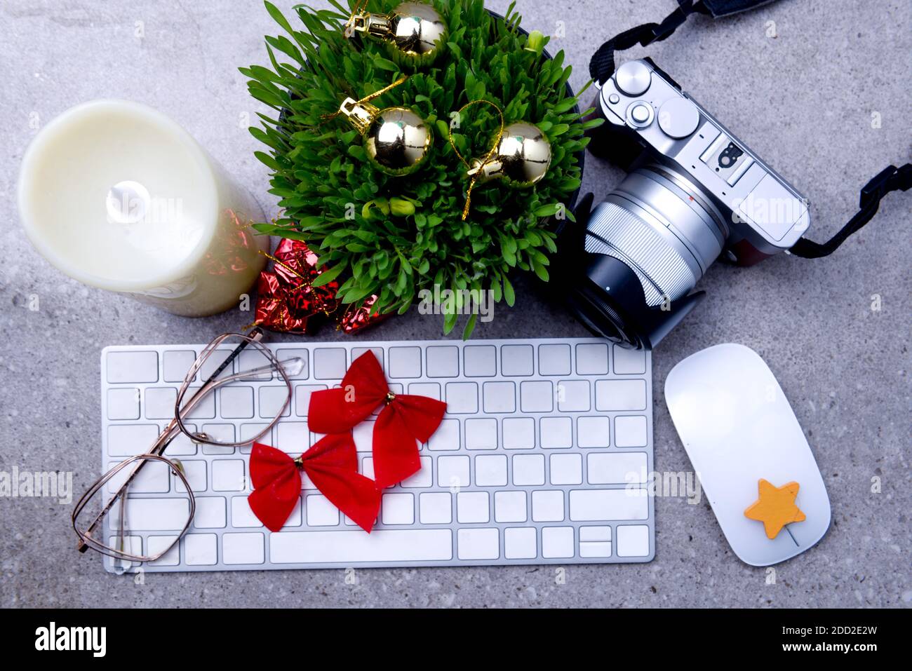 Close up view of millet grass plant in the pot with christmas decoration and the keyboard on the desk Stock Photo