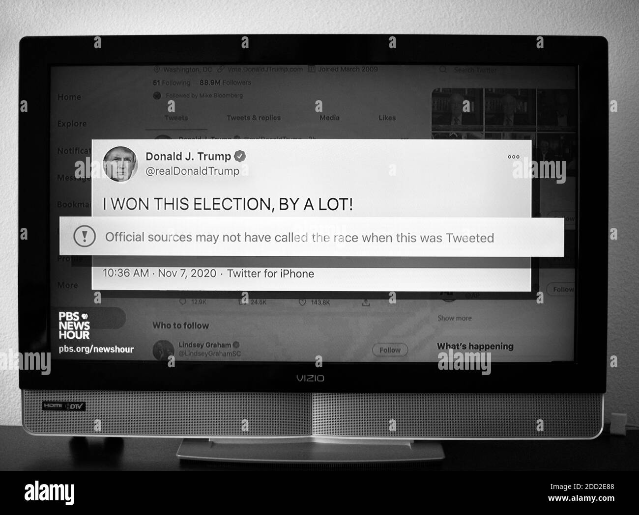 A PBS NewsHour TV screen shot of a tweet by President Trump declaring he won the 2020 U.S. Presidential election. Stock Photo