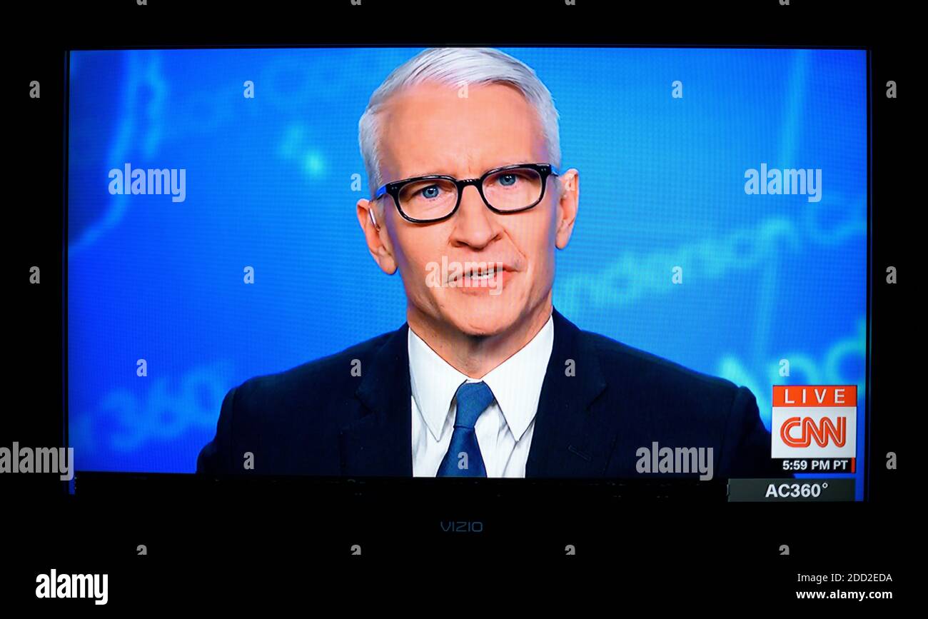 A television screenshot of CNN personality and program host Anderson Cooper. Stock Photo