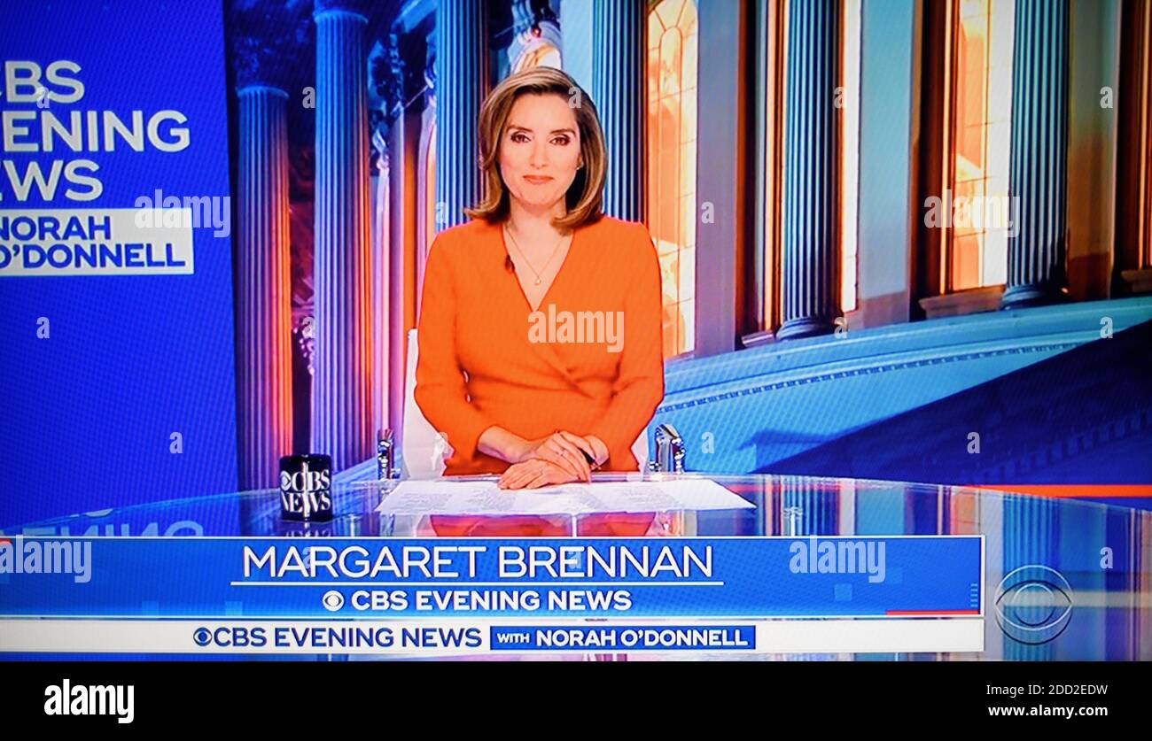 A television screenshot of CBS TV news correspondent Margaret Brennan substituting for Norah O'Donnell on the CBS Evening News broadcast. Stock Photo