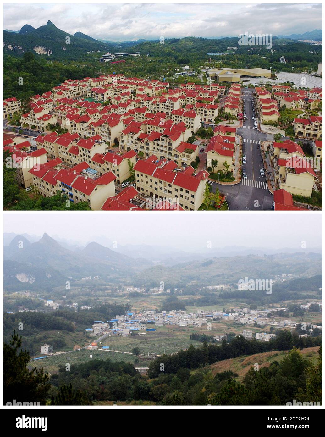 (201124) -- GUIYANG, Nov. 24, 2020 (Xinhua) -- In this combo photo, the upper part shows the aerial view of new look of Hanglong Village taken on July 24, 2019 and the lower file photo shows its previous look, in Pingtang County, southwest China's Guizhou Province. China has achieved the feat of removing all remaining counties from the country's poverty list. The last nine impoverished counties, all in southwest China's Guizhou Province, have eliminated absolute poverty, the provincial government announced on Monday. This means that all 832 registered poor counties in China have shaken off Stock Photo