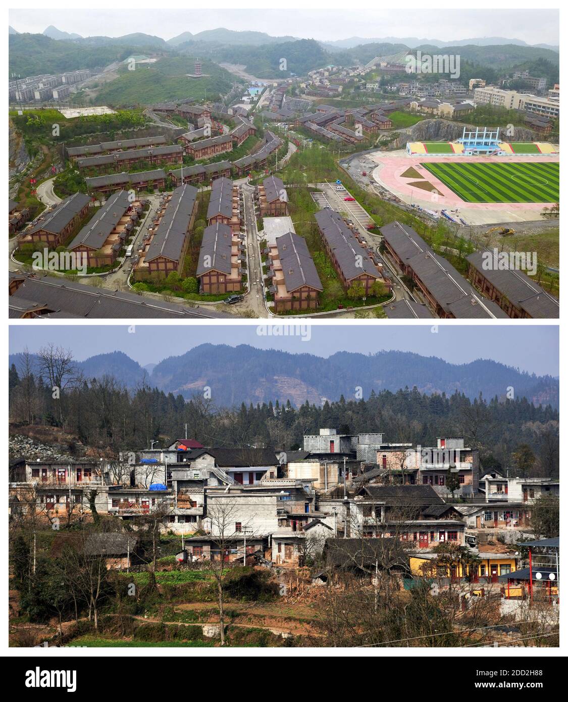 (201124) -- GUIYANG, Nov. 24, 2020 (Xinhua) -- In this combo photo, the upper part taken on June 6, 2019 by Yang Wenbin shows the new look of the Ameiqituo Town and the lower part taken on Jan. 15, 2018 by Chen Yalin shows the Sanbao Village before relocation in Qinglong County, southwest China's Guizhou Province. China has achieved the feat of removing all remaining counties from the country's poverty list. The last nine impoverished counties, all in southwest China's Guizhou Province, have eliminated absolute poverty, the provincial government announced on Monday. This means that all 832 Stock Photo