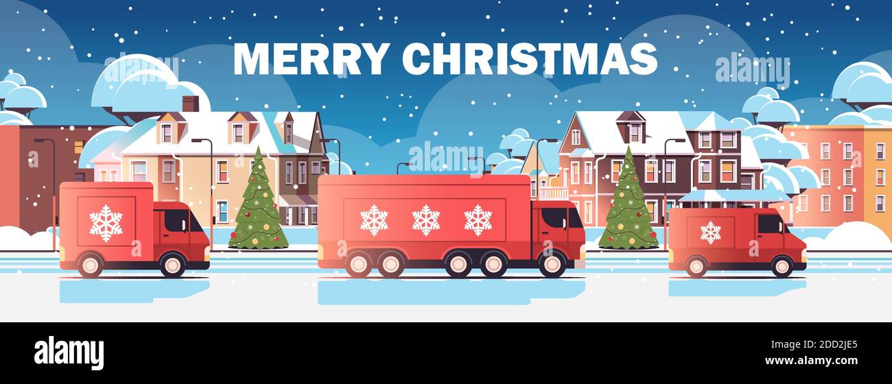 red lorry trucks delivering gifts merry christmas happy new year winter