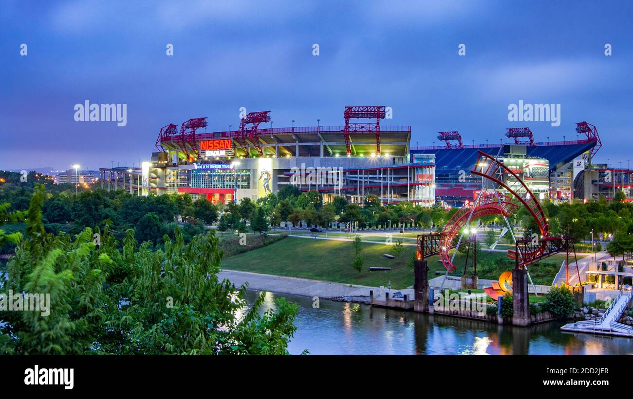 Nashville, TN--July 31, 2018; riverside view of Nissan Stadium home to Tennessee Titans NFL football team at sunrise with overcast sky Stock Photo