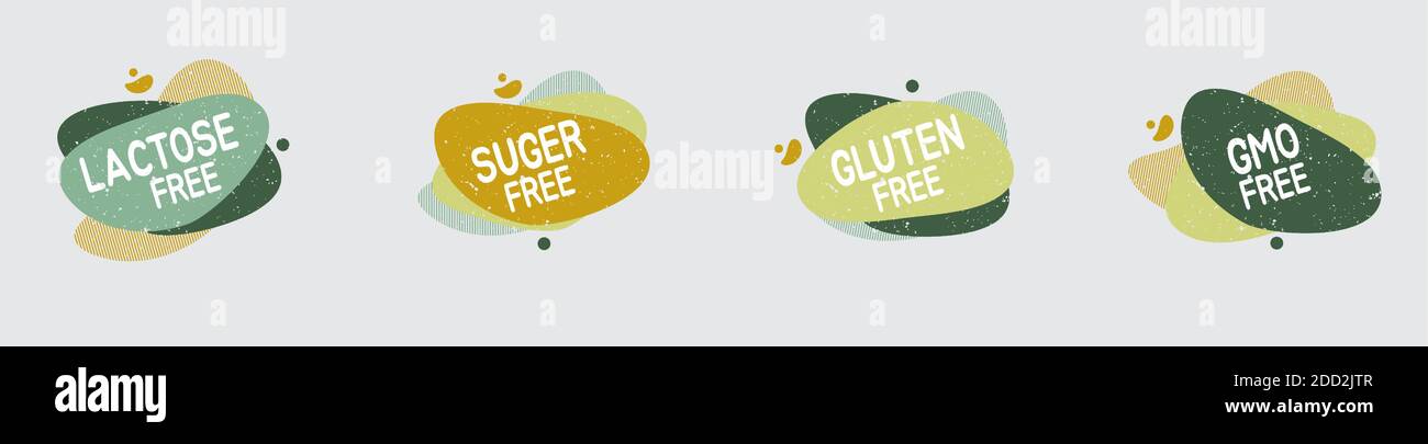 Set of allergen free badges. Lactose, gluten, sugar and GMO free. Vector signs of allergen contant for packaging design, cafe, restaurant badges, tags Stock Vector