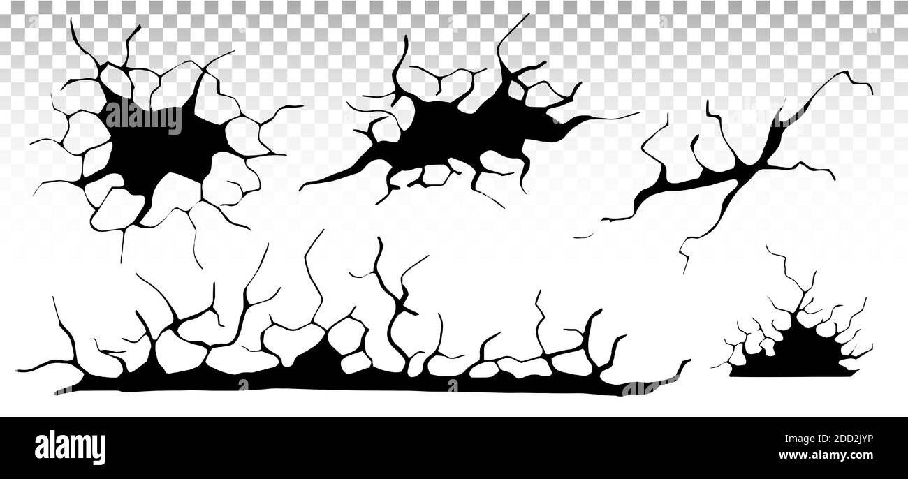 Ground cracks set. Earthquake and ground cracks, hole effect, craquelure and damaged wall