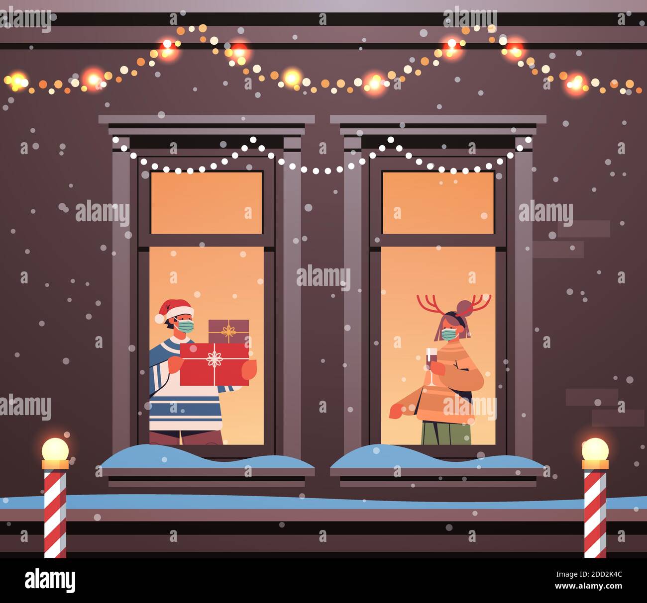couple in masks standing in window frames new year christmas holidays ...