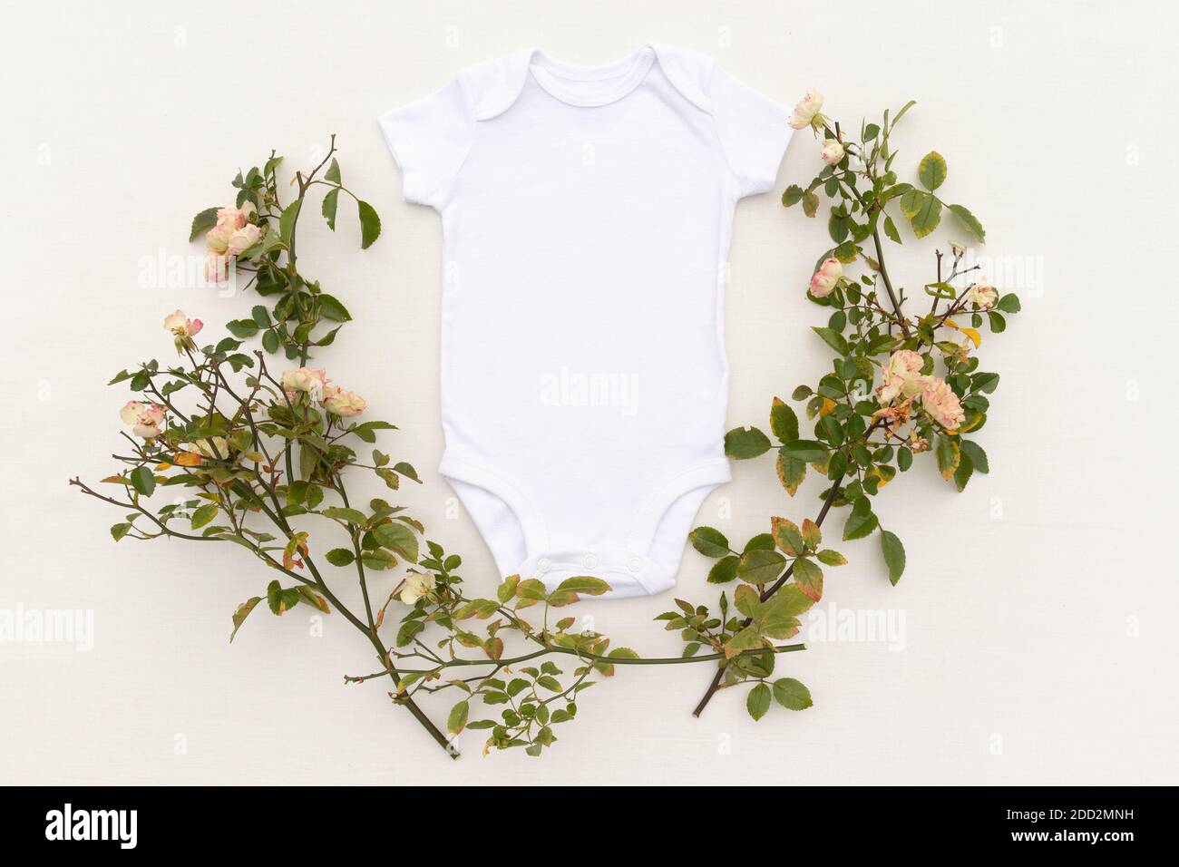 White Baby Bodysuit, surrounded by roses- Baby One Piece Mockup - Flat Lay Baby Grow Mockup - Styled Stock Photography Stock Photo