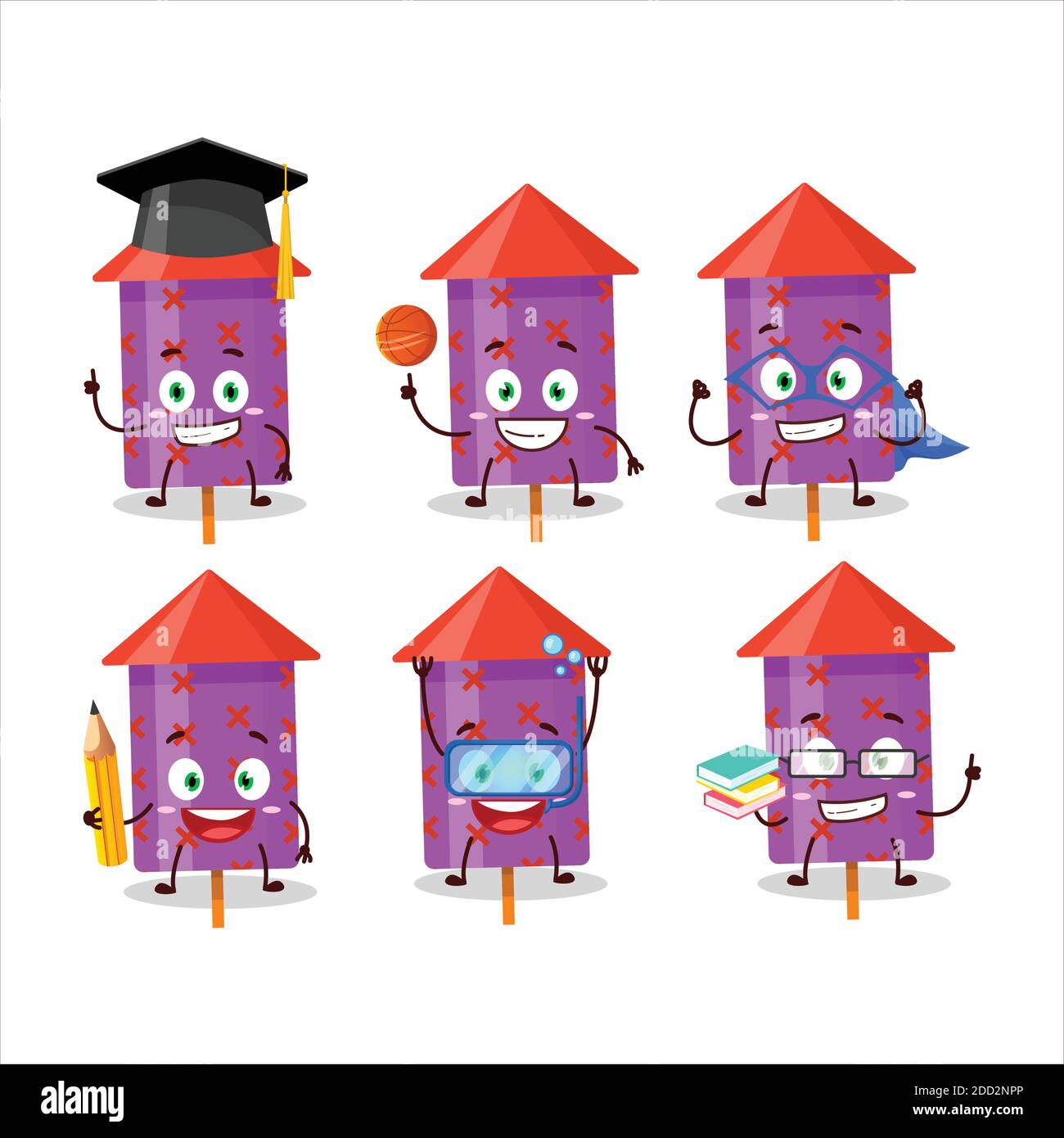 School student of purple firecracker cartoon character with various expressions. Vector illustration Stock Vector