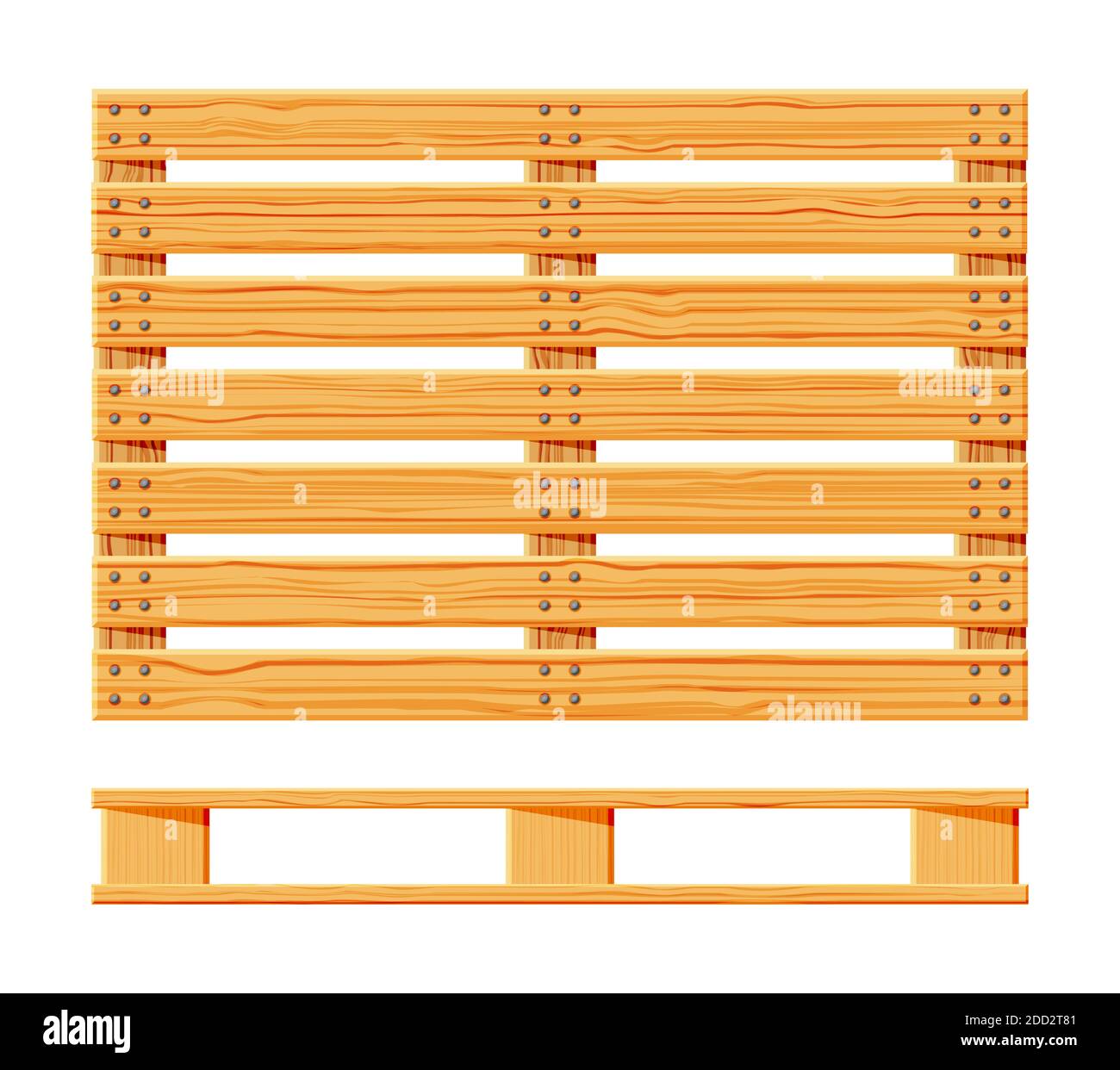 Wooden pallet icons. Cartoon wood pallet isolated on white. Top view, front and side view. Flat vector illustration. Stock Vector