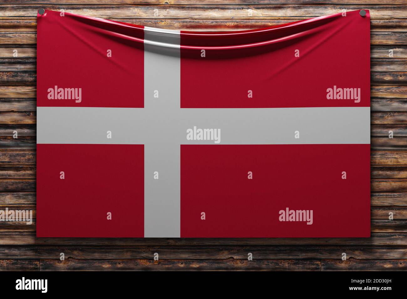3D illustration of the national fabric flag of Denmark nailed on a ...