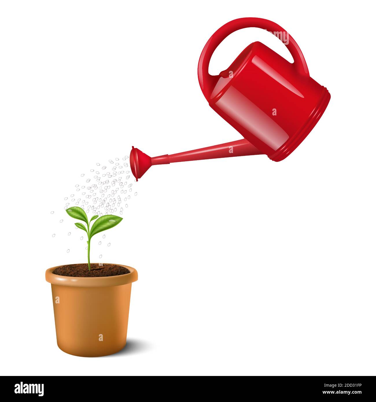 3d realistic vector icon illustration of red water can watering small green plant in a clay brown pot. Isolated on white background. Stock Vector