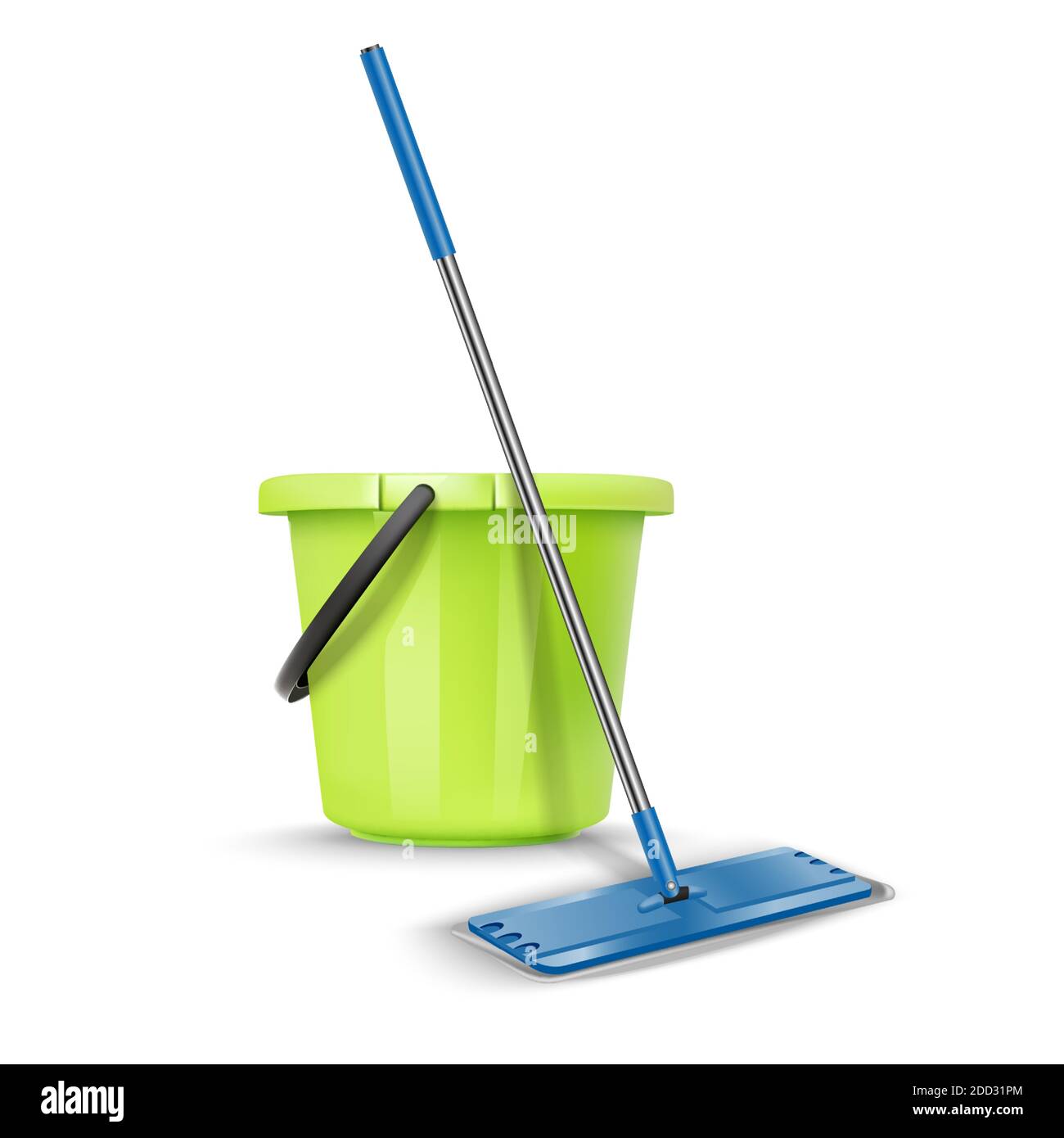 3d realistic vector cleaning greet bucket with broom. Isolated on white background. Stock Vector