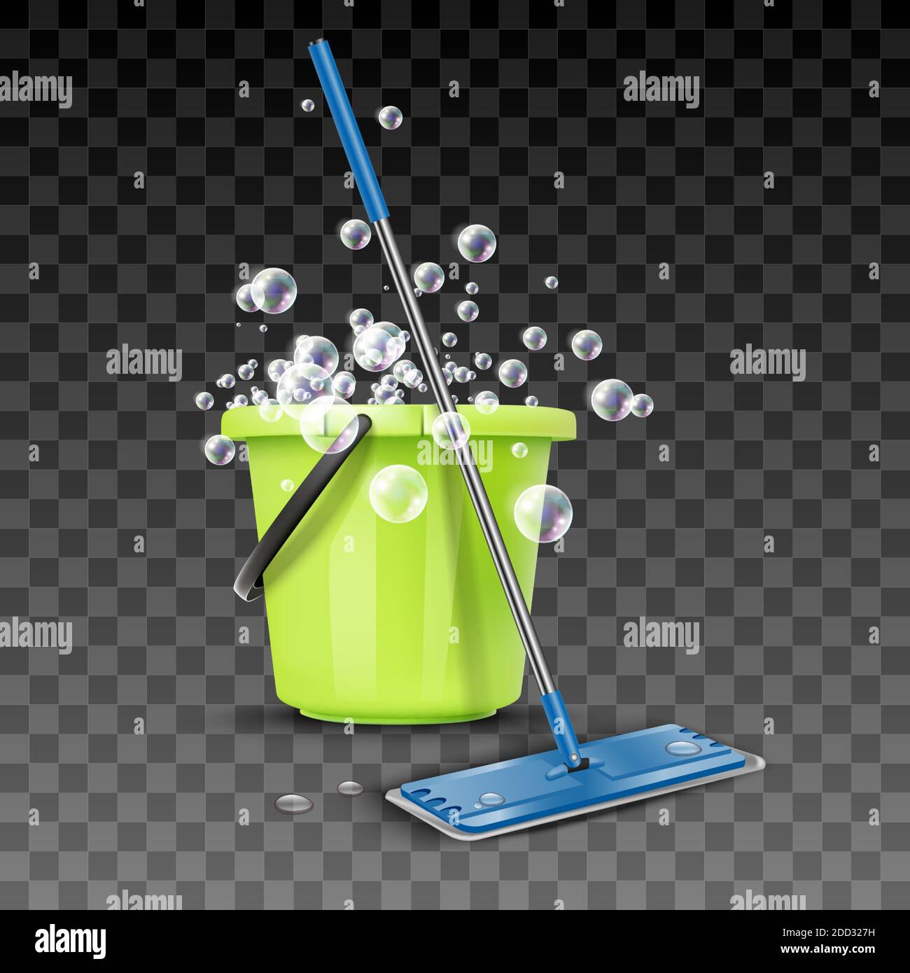 3d realistic vector cleaning greet bucket with foam and bubbles with broom. Isolated on transparent background. Stock Vector