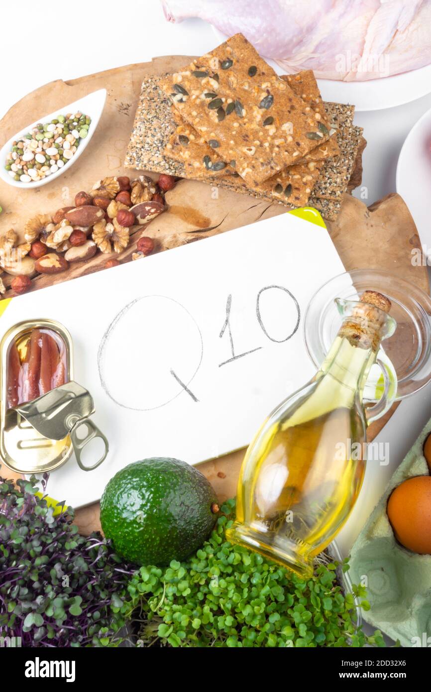 Composition with food contains coenzyme Q10, antioxidant, products