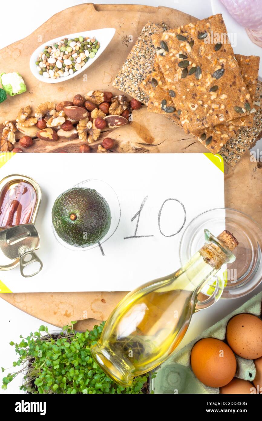 Composition with food contains coenzyme Q10, antioxidant, products