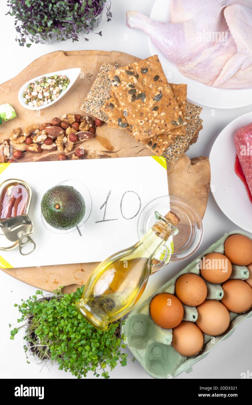 Composition with food contains coenzyme Q10, antioxidant, products