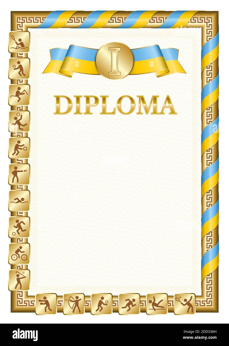 Vertical diploma for first place in a sports competition, golden color with a ribbon the color of the flag of Tuva. Vector image. Stock Vector
