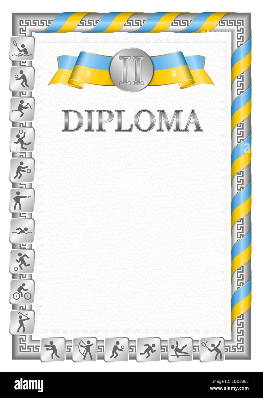 Vertical diploma for second place in a sports competition, silver color with a ribbon the color of the flag of Tuva. Vector image. Stock Vector