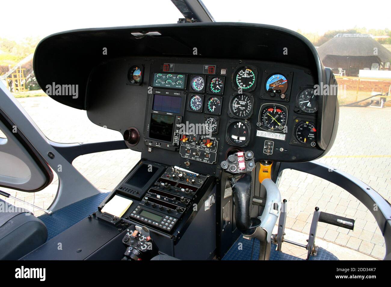The interior of the cockpit of a helicopter showing the flight controls