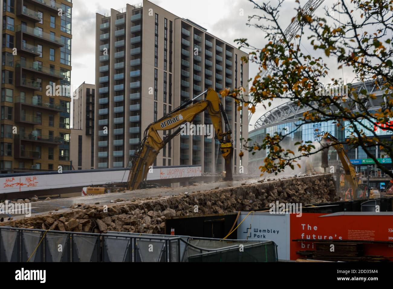 Demolition of 'Wembley Way', the iconic Wembley Stadium pedway, a 46 year old twin ramp pedestrian walkway, continues. Stock Photo