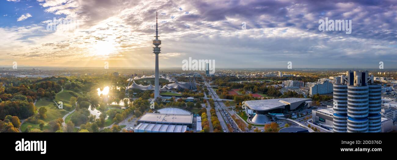 Munich Olympiaturm München skyline aerial panoramic view photo town building architecture travel in Germany. Stock Photo