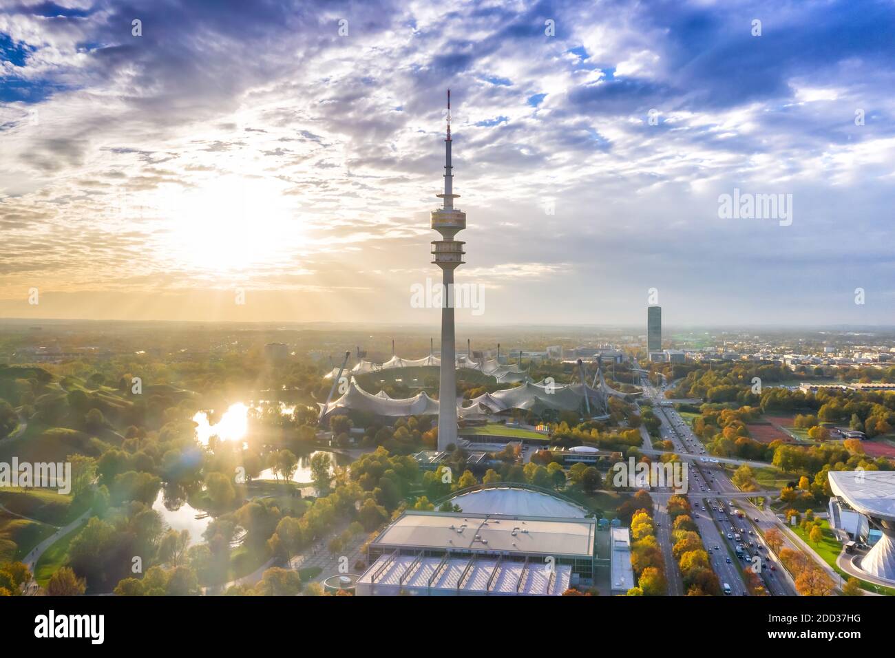Munich Olympiapark Olympiaturm München skyline aerial view photo town architecture travel in Germany Stock Photo
