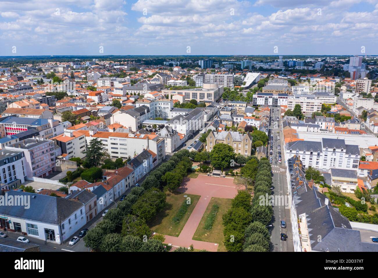 La Roche-sur-Yon (western France): aerial view of the city centre, “place Albert 1er” square and “rue Guillerme” street. rooftop view of the city; rea Stock Photo