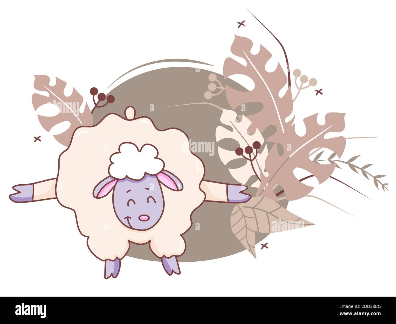 Pets yoga time. A cute lamb is engaged in fitness, stands in an asana, stretched out and raised its hind hooves. Vector illustration on a decorative Stock Vector