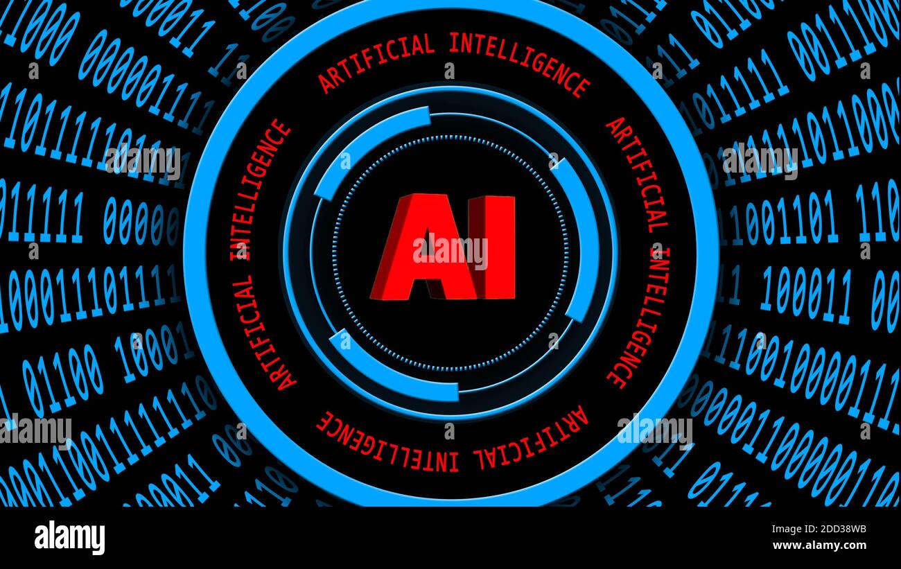 AI - abstract Artificial Intelligence background in blue - binary code arranged in cylinder shape with red lettering  - technology and automation Stock Photo