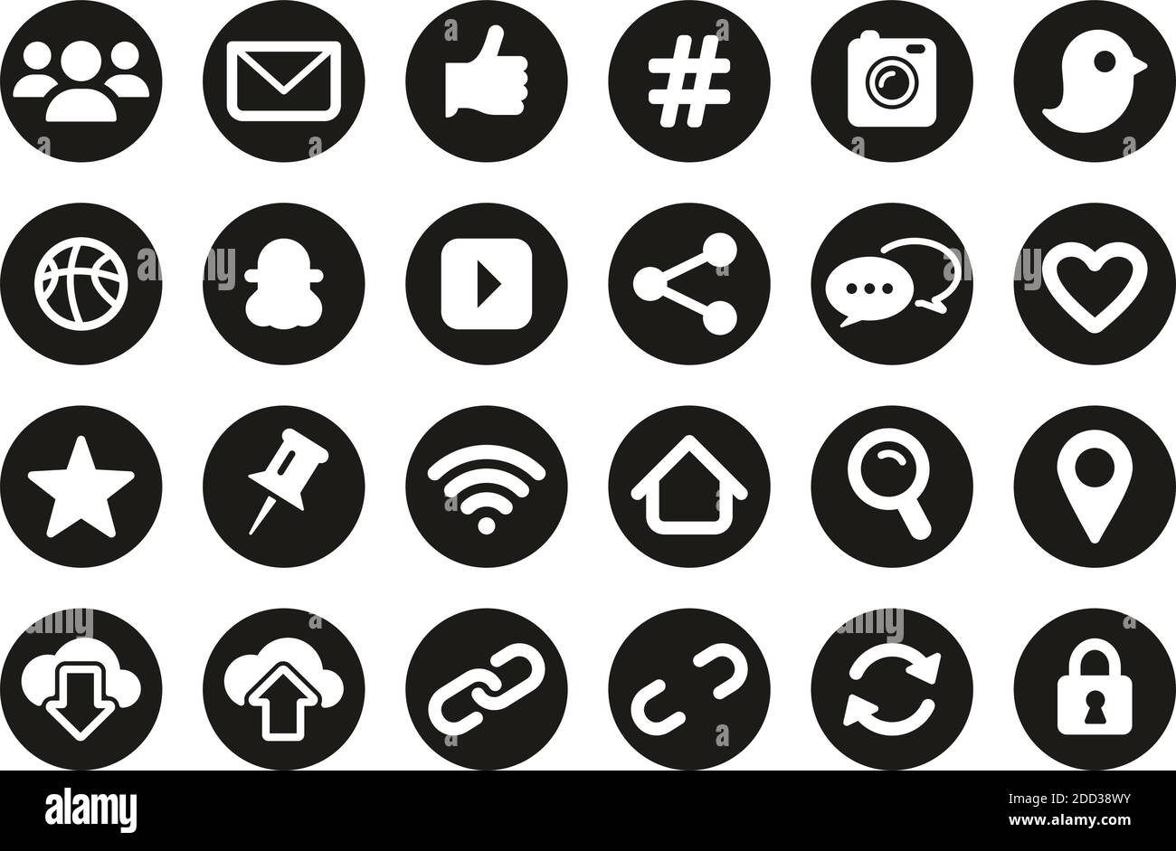 Social Media Icons White On Black Flat Design Circle Set Big Stock